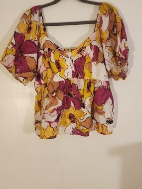 Floral Puff-Sleeve Peplum Top - White, Yellow & Pink